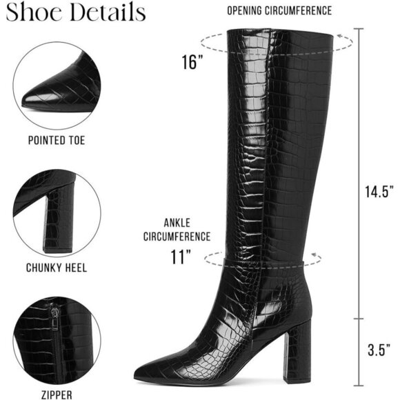 🆕Women Black Knee High Faux Crocodile Long Tall Pointed Chunky High Heel Boots - Picture 2 of 5